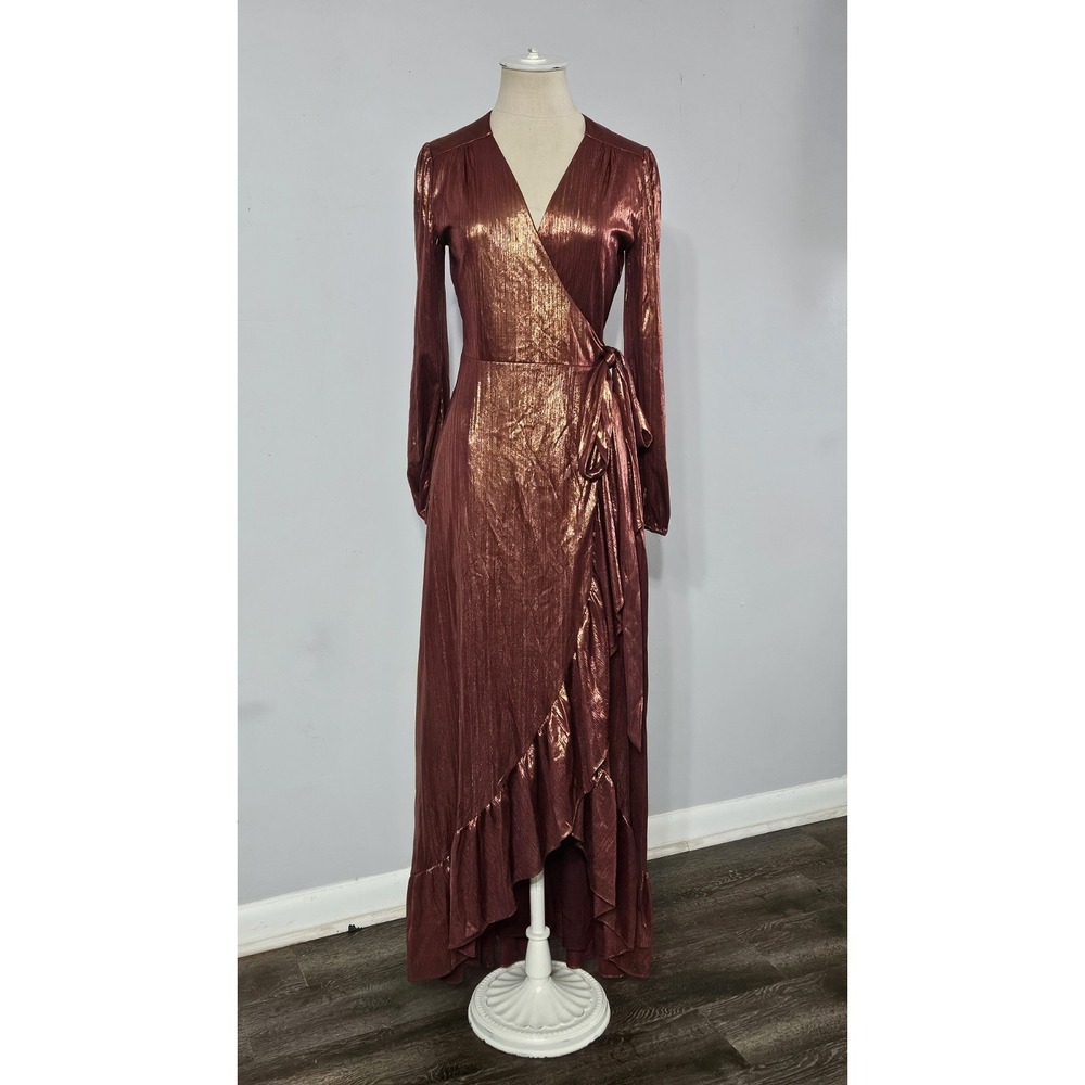 WAYF Meryl Long Sleeve Wrap High-Low Cocktail Dress Bronze XS - Picture 2 of 9